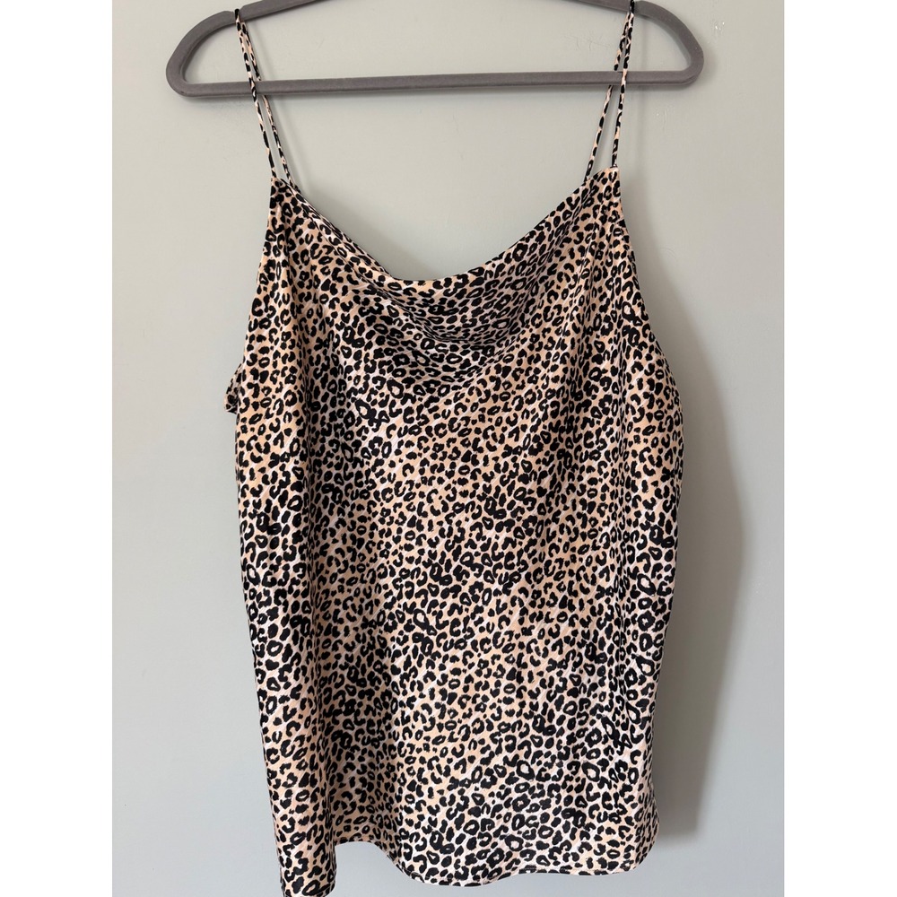 Nine West Leopard Print‎ Cowl Neck Satiny Camisole Tank Top Black Brown Size XL